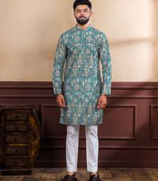 Teal color smart printed ethnic kurta payjama for ceremonial looks