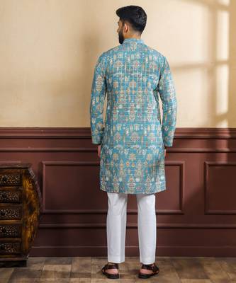 Teal color smart printed ethnic kurta payjama for ceremonial looks 2