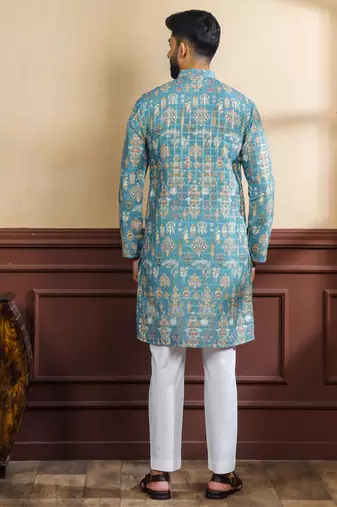 Teal color smart printed ethnic kurta payjama for ceremonial looks