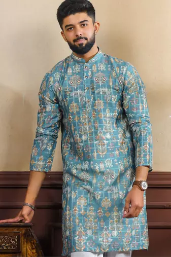 Teal color smart printed ethnic kurta payjama for ceremonial looks