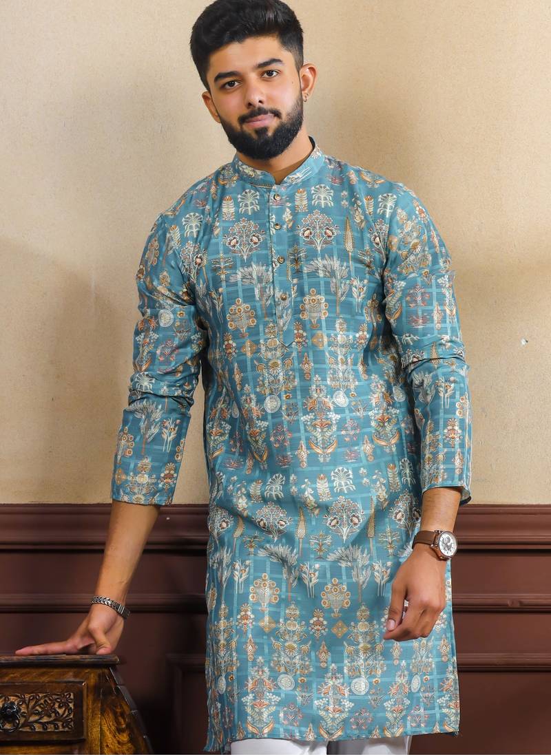 Teal color smart printed ethnic kurta payjama for ceremonial looks