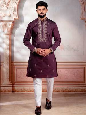 Wine color embroidered fancy wedding special kurta payjama for men 1