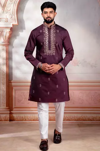Wine color embroidered fancy wedding special kurta payjama for men