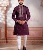 Wine color embroidered fancy wedding special kurta payjama for men
