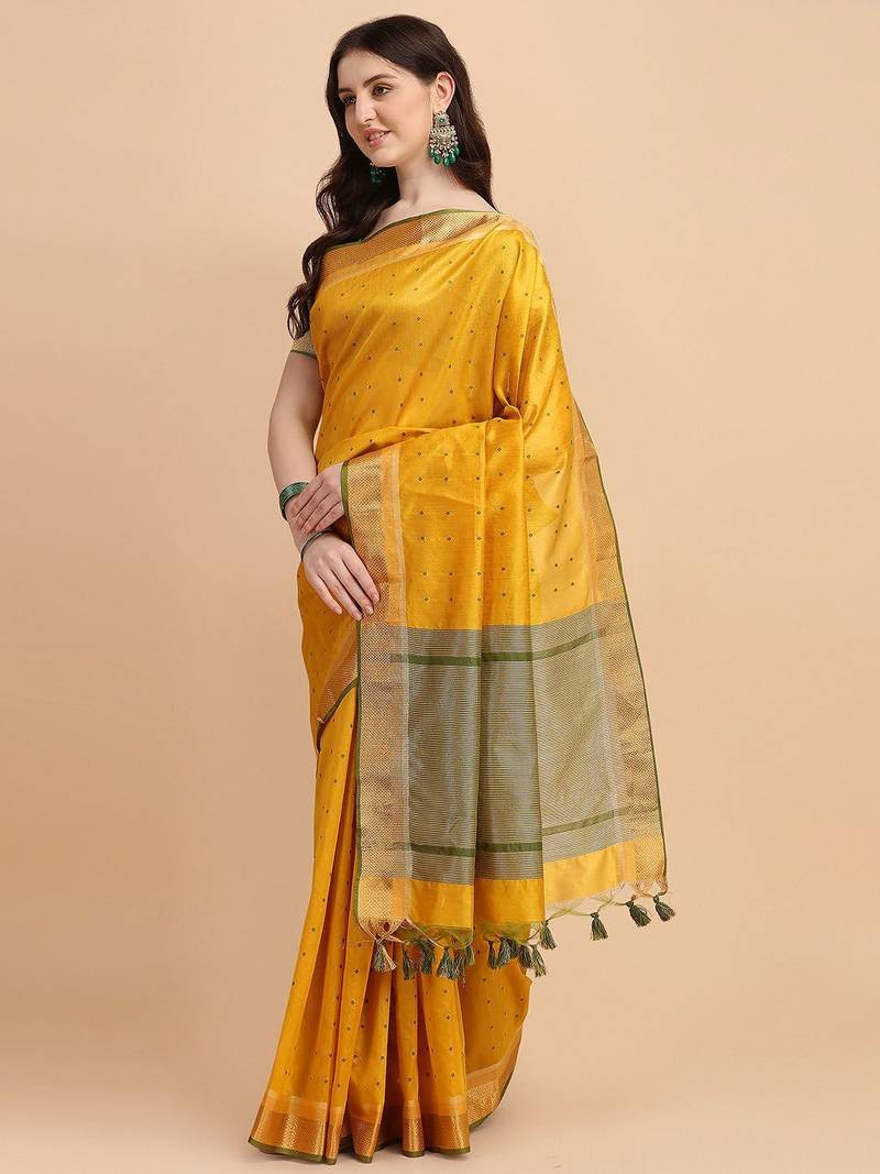 Woven Design Zari Silk Cotton Bandhani Saree
