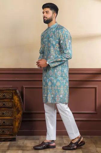 Teal color smart printed ethnic kurta payjama for ceremonial looks