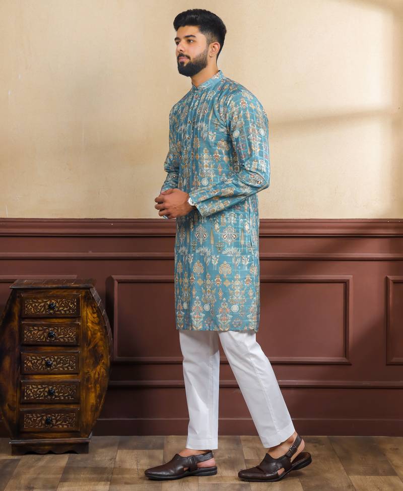 Teal color smart printed ethnic kurta payjama for ceremonial looks