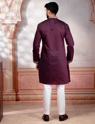 Wine color embroidered fancy wedding special kurta payjama for men 2