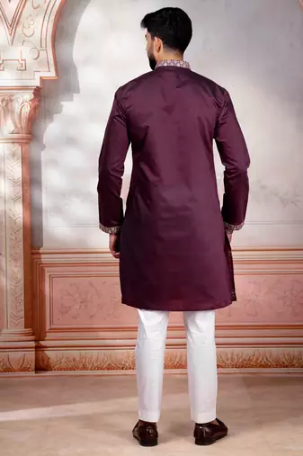 Wine color embroidered fancy wedding special kurta payjama for men