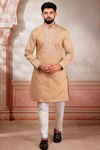 Chikoo color embroidered fancy wedding special kurta payjama for men
