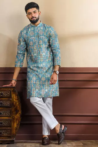 Teal color smart printed ethnic kurta payjama for ceremonial looks