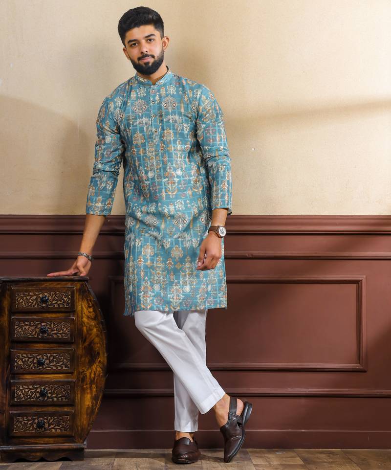 Teal color smart printed ethnic kurta payjama for ceremonial looks