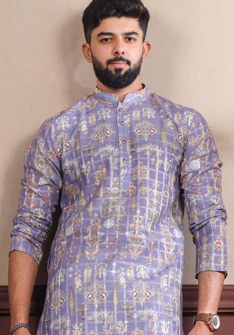 Lavender color smart printed ethnic kurta payjama for ceremonial looks