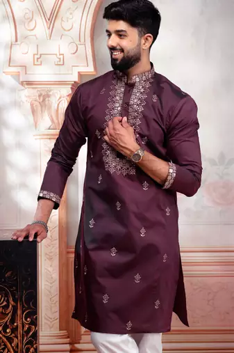Wine color embroidered fancy wedding special kurta payjama for men