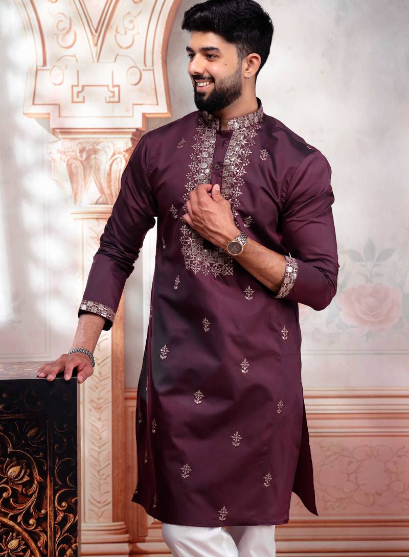 Wine color embroidered fancy wedding special kurta payjama for men