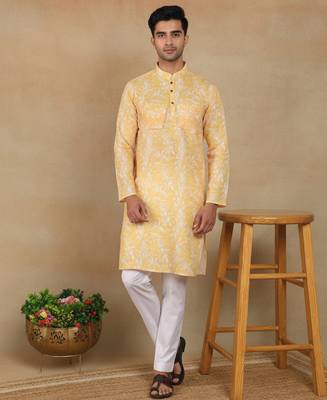 Mustard linen fabric kurta payjama 1