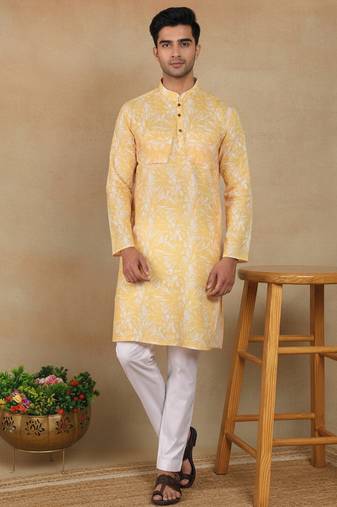 Mustard linen fabric kurta payjama