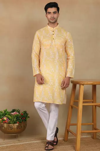 Mustard color smart linen fabric ceremonial kurta payjama for boys