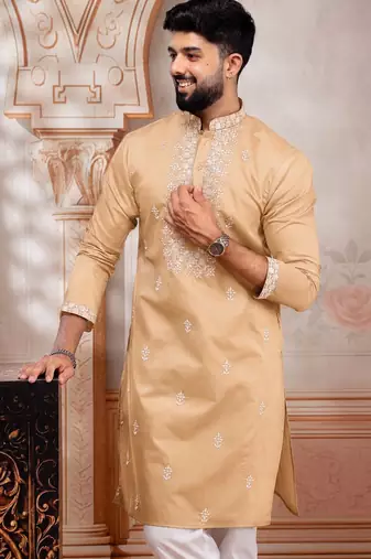 Chikoo color embroidered fancy wedding special kurta payjama for men