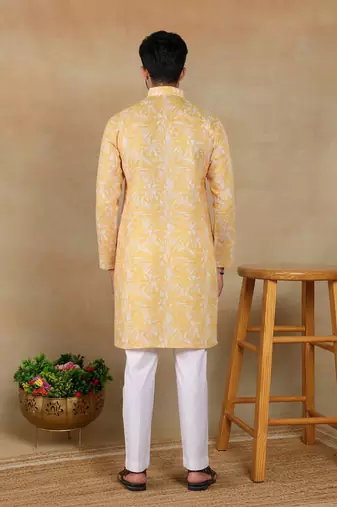 Mustard color smart linen fabric ceremonial kurta payjama for boys