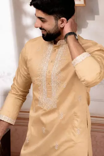 Chikoo color embroidered fancy wedding special kurta payjama for men