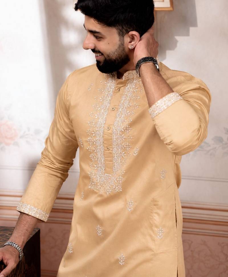 Chikoo embroidered fancy kurta payjama for men