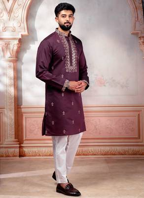 Wine color embroidered fancy wedding special kurta payjama for men 4