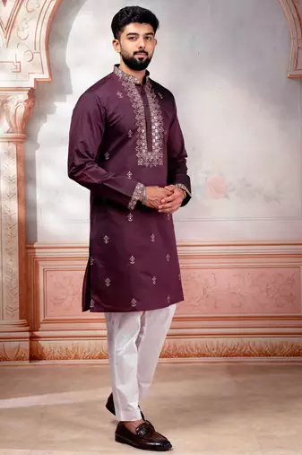 Wine color embroidered fancy wedding special kurta payjama for men