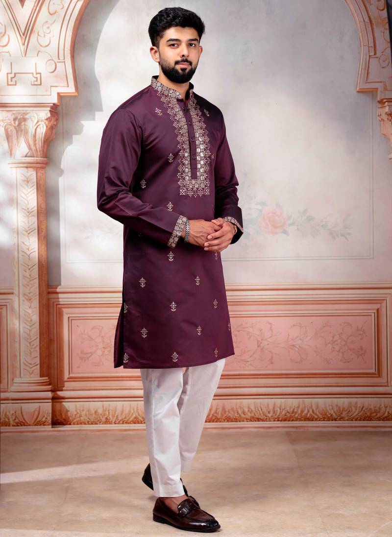 Wine color embroidered fancy wedding special kurta payjama for men