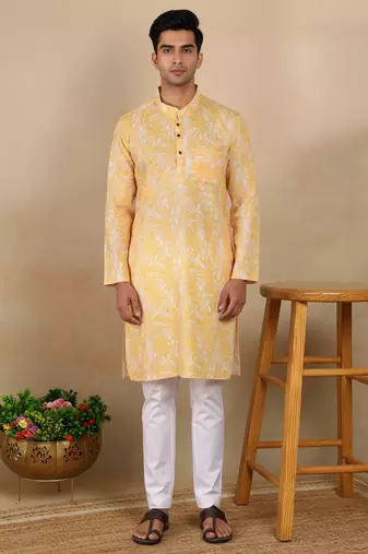 Mustard color smart linen fabric ceremonial kurta payjama for boys
