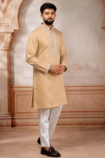 Chikoo color embroidered fancy wedding special kurta payjama for men