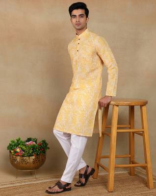 Mustard linen fabric kurta payjama 4