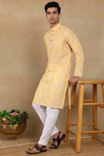 Mustard color smart linen fabric ceremonial kurta payjama for boys