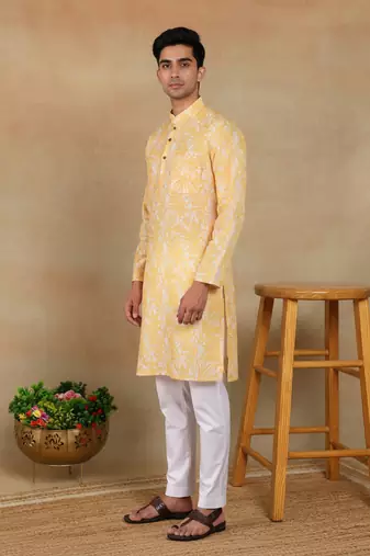 Mustard color smart linen fabric ceremonial kurta payjama for boys