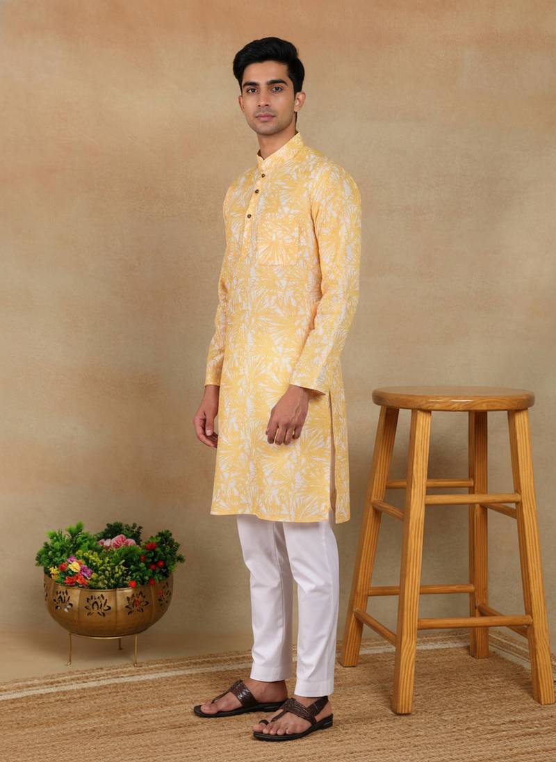 Mustard linen fabric kurta payjama
