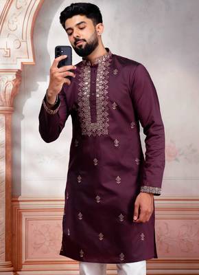 Wine color embroidered fancy wedding special kurta payjama for men 5