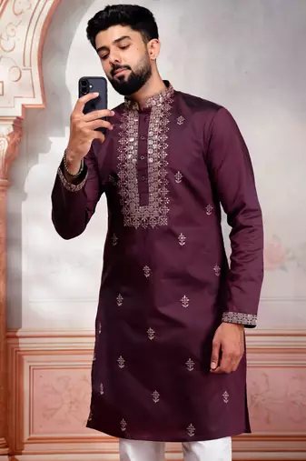 Wine color embroidered fancy wedding special kurta payjama for men