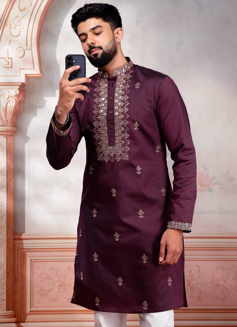 Wine color embroidered fancy wedding special kurta payjama for men