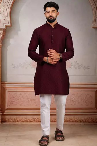 Wine woven fancy kurta payjama for men