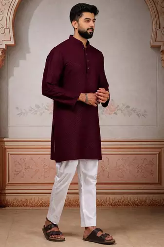 Wine woven fancy kurta payjama for men