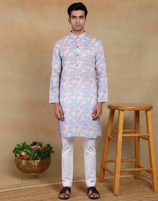 Lavender linen fabric printed ethnic looks kurta payjama for men 1