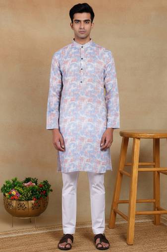 Lavender linen fabric printed ethnic looks kurta payjama for men