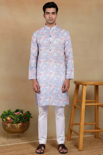 Lavender color smart linen  fabric designer printed ethnic looks kurta payjama for men