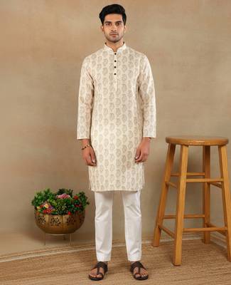 Cream linen fabric printed ethnic looks kurta payjama for men 1