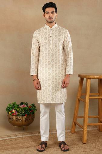 Cream linen fabric printed ethnic looks kurta payjama for men