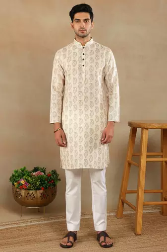 Cream linen fabric printed ethnic looks kurta payjama for men