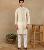 Cream linen fabric printed ethnic looks kurta payjama for men