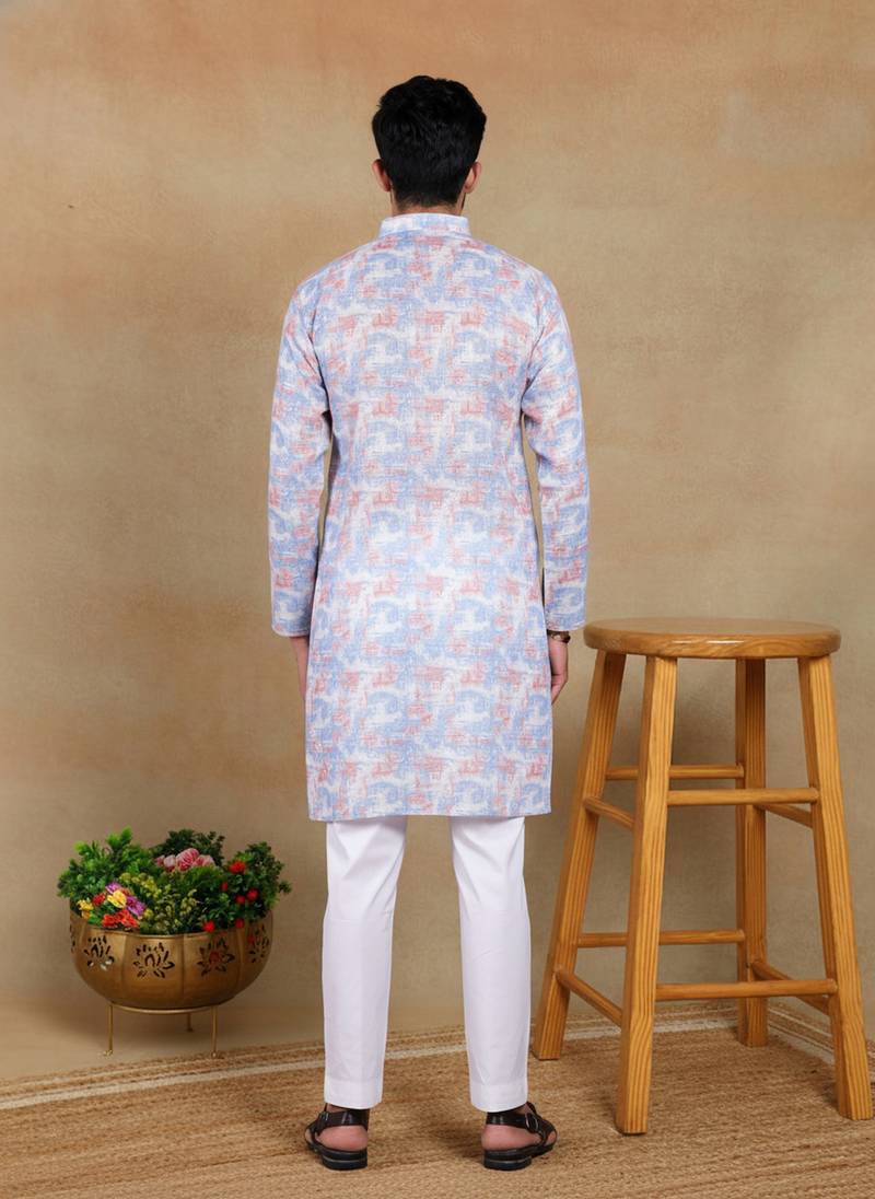 Lavender linen fabric printed ethnic looks kurta payjama for men