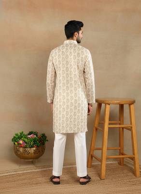 Cream linen fabric printed ethnic looks kurta payjama for men 2