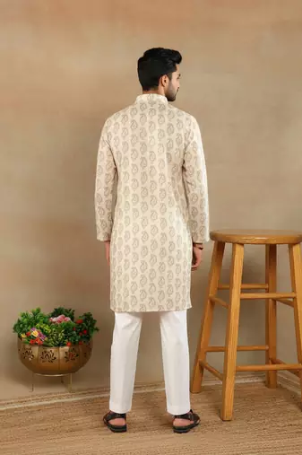 Cream linen fabric printed ethnic looks kurta payjama for men